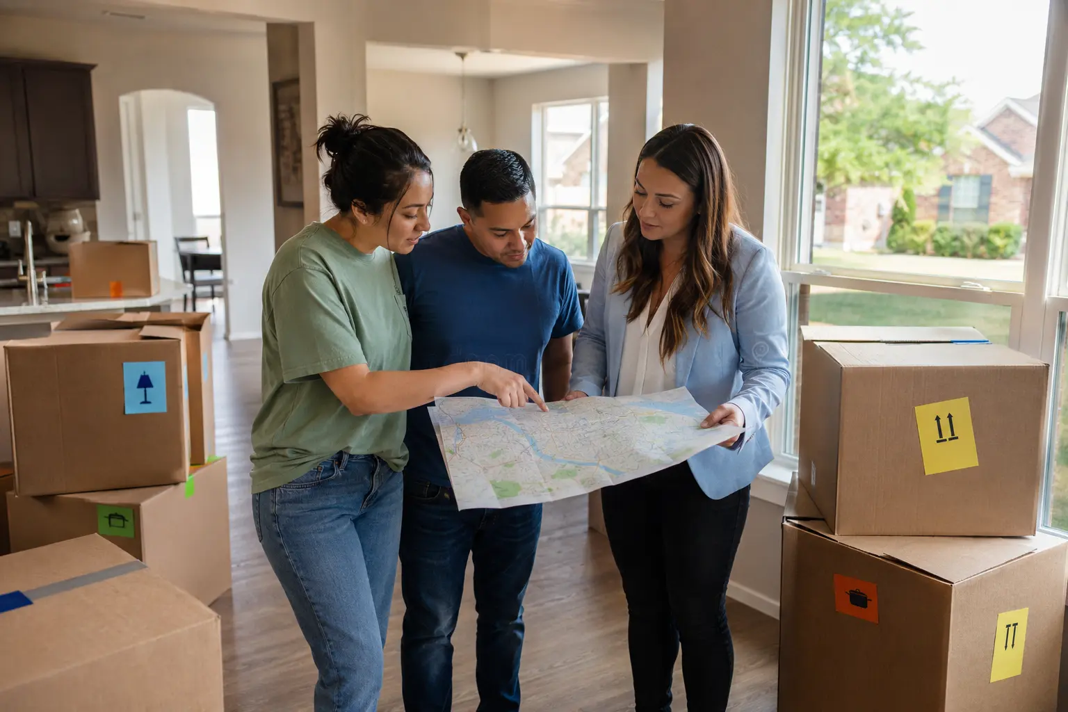 Relocating buyers planning their move with a local agent