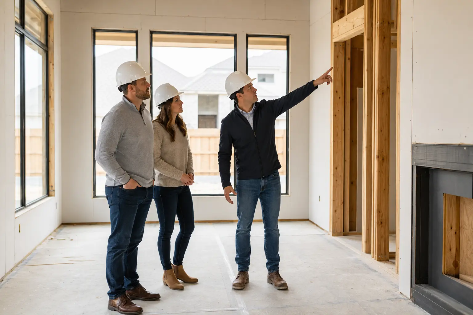 Buyers and their agent walking through a nearly finished new home